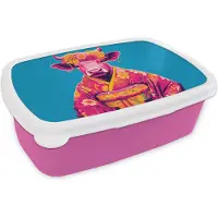 MuchoWow Broodtrommel Roze - Lunchbox Koe - Bloemenkrans - Oorhangers - Kimono - Brooddoos 18x12x6 cm - Brood lunch box - Broodtrommels voor kinderen en volwassenen