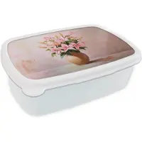 MuchoWow Broodtrommel Wit - Lunchbox Vaas - Bloemen - Roze - Brooddoos 18x12x6 cm - Brood lunch box - Broodtrommels voor kinderen en volwassenen