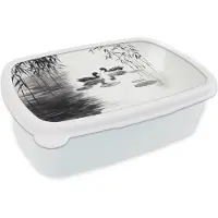 MuchoWow Broodtrommel Wit - Lunchbox Eenden - Waterlelies - Riet - Zwart - Brooddoos 18x12x6 cm - Brood lunch box - Broodtrommels voor kinderen en volwassenen