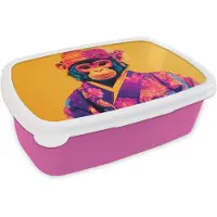 MuchoWow Broodtrommel Roze - Lunchbox Aap - Kimono - Bloemen - Hoofdtooi - Brooddoos 18x12x6 cm - Brood lunch box - Broodtrommels voor kinderen en volwassenen