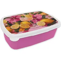 MuchoWow Broodtrommel Roze - Lunchbox Drink - Bloemen - Yellow - Brooddoos 18x12x6 cm - Brood lunch box - Broodtrommels voor kinderen en volwassenen