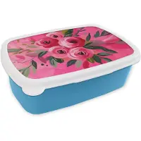 MuchoWow Broodtrommel Blauw - Lunchbox Bloemen - Verf - Roze - Brooddoos 18x12x6 cm - Brood lunch box - Broodtrommels voor kinderen en volwassenen