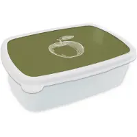 MuchoWow Broodtrommel Wit - Lunchbox Lijntekening - Appel - Olijfgroen - Blaadje - Brooddoos 18x12x6 cm - Brood lunch box - Broodtrommels voor kinderen en volwassenen