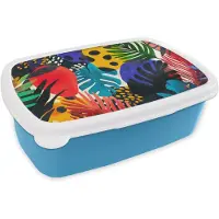 MuchoWow Broodtrommel Blauw - Lunchbox Bladeren - Vormen - Abstract - Kleurrijk - Brooddoos 18x12x6 cm - Brood lunch box - Broodtrommels voor kinderen en volwassenen