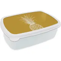 MuchoWow Broodtrommel Wit - Lunchbox Lijnillustratie - Ananas - Bladkroon - Okergeel - Brooddoos 18x12x6 cm - Brood lunch box - Broodtrommels voor kinderen en volwassenen