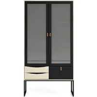 Ebuy24 Sady vitrinekast 2 glazen deuren, 3 lades mat zwart, eiken decor.