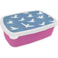 MuchoWow Broodtrommel Roze - Lunchbox Vogels - Wit - Patroon - Brooddoos 18x12x6 cm - Brood lunch box - Broodtrommels voor kinderen en volwassenen