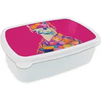 MuchoWow Broodtrommel Wit - Lunchbox Lama - Kimono - Bloemenkrans - Felroze - Brooddoos 18x12x6 cm - Brood lunch box - Broodtrommels voor kinderen en volwassenen
