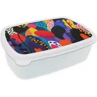 MuchoWow Broodtrommel Wit - Lunchbox Bloemen - Bladeren - Abstract - Rood - Brooddoos 18x12x6 cm - Brood lunch box - Broodtrommels voor kinderen en volwassenen