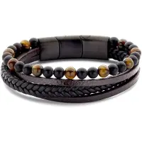 Frank 1967 - 7FB-0764 - leren wikkelarmband heren met natuurlijke kralen - zwart - 6 mm - 21 cm