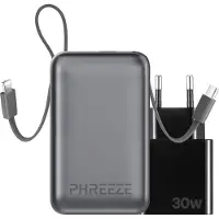 Phreeze Powerbank Mini PB04 - Krachtig & Kleine 20.000 mAh powerbank met Vaste Kabels - Inclusief 30W Snellader - Geschikt voor Lightning, USB-C