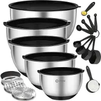 Coock RVS Mengkommen set met Deksel - Beslagkommen met deksel - Bewaarbak met Rasp - Schaal voor Salades & Mengen - 22 Delige Set 1,5 t/m 5 Liter – Incl. Maatschepjes