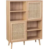 Sweeek Wandkast met 2 deuren 4 open vakken houtdecor en rotan 90cm Naturel