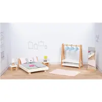Goki Poppenhuismeubeltjes: DESIGN SLAAPKAMER, 18-delig, bed 12,7cm, beukenhout en stof, 3+