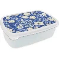 MuchoWow Broodtrommel Wit - Lunchbox Bloemen - Delfts Blauw - Patroon - Tulp - Brooddoos 18x12x6 cm - Brood lunch box - Broodtrommels voor kinderen en volwassenen