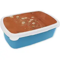 MuchoWow Broodtrommel Blauw - Lunchbox Bloemen - Wit - Subtiel - Roestkleur - Brooddoos 18x12x6 cm - Brood lunch box - Broodtrommels voor kinderen en volwassenen