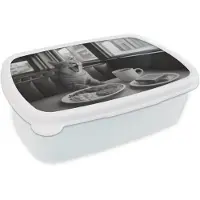 MuchoWow Broodtrommel Wit - Lunchbox Kat - Koffie - Brood - Zwart - Brooddoos 18x12x6 cm - Brood lunch box - Broodtrommels voor kinderen en volwassenen