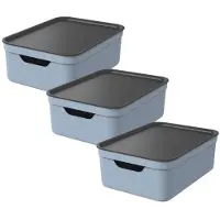 Rotho Jive opbergboxen set van 3 Opbergdozen 10 L met Deksel, Kunststof (PP Gerecycled), Blauw /Antraciet, 3 x 10 L, 36,5X26,5X13CM