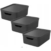 Rotho Jive opbergboxen set van 3 Opbergdozen 10 L met Deksel, Kunststof (PP Gerecycled), Zwart/Antraciet, 3 x 10 L, 36,5X26,5X13CM
