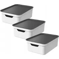 Rotho Jive opbergboxen set van 3 Opbergdozen 10 L met Deksel, Kunststof (PP Gerecycled), Wit /Antraciet, 3 x 10 L, 36,5X26,5X13CM