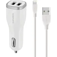 Mobiparts USB-A autolader met 2 poorten en losse 8-pins Lightning - USB kabel - Smart IC - 4,8A / wit - 1 meter