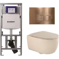 Geberit QeramiQ Dely Swirl Toiletset - 36.3x51.7cm - UP320 inbouwreservoir - met Burda frame - slim zitting - koperen bedieningsplaat - rechthoekige knoppen - beige