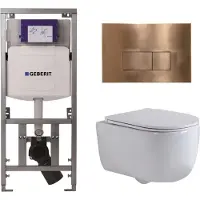 Geberit QeramiQ Dely Swirl Toiletset - 36.3x51.7cm - UP320 inbouwreservoir - met Burda frame - slim zitting - koperen bedieningsplaat - rechthoekige knoppen - glans wit