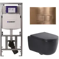 Geberit QeramiQ Dely Swirl Toiletset - 36.3x51.7cm - UP320 inbouwreservoir - met Burda frame - 35mm zitting - koperen bedieningsplaat - rechthoekige knoppen - mat zwart