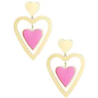 Yehwang Oorbellen dubbel hart - Goud kleur/roze Stainless Steel - Emaille