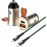 LDNIO Auto Oplader - USB C naar Geschikt voor: Lightning Kabel (1M) LC111 groen & Auto Stekker - USB A & C Snel Lader 30W - PD20W/QC3.0 Autolader