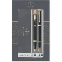 Parker IM Duo geschenkset met balpen en vulpen | glanzend zwart met gouden rand | blauwe inktvulling en -cartridge | cadeauverpakking