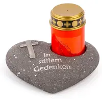 Novaliv Grafversiering hart antraciet met kruis opschrift In stille herinnering incl. LED graflicht rood grafdecoratie grafhart weerbestendig grafdecoratie gedenksteen theelichthouder rouwsteen
