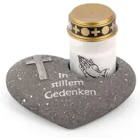 Novaliv Grafversiering hart antraciet met kruis opschrift In stille herinnering incl. LED graflamp wit grafdecoratie grafhart weerbestendig grafdecoratie gedenksteen theelichthouder rouwsteen