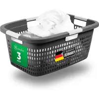 Novaliv 3-delige wasmand met 4 handgrepen 40L antraciet, wasboxset, wasemmer, wascontainer voor badkamerwas, vuile was, wasmand, opbergmand, verzamelbox