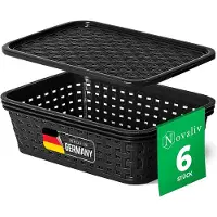 Novaliv set van 6 opbergdozen met deksel, mini 1L mand, zwart in rotan design, voedselveilige opbergmand, stapelbare dozen, nestbaar plastic, BPA-vrije doos, stofbakken met deksel
