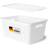 Novaliv opbergbox met deksel, grote mand 14L, wit in rotan design, voedselveilige opbergmand, stapelbare box, nestbare kunststof, BPA-vrije box, stofbox met deksel