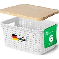 Novaliv set van 6 opbergdozen met houten deksels, mini 2L mand, wit in rotan design, voedselveilige opbergmand, stapelbare dozen, nestbare kunststof, BPA-vrije doos, stofbakken met deksel