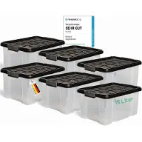 Novaliv 6x opbergdozen met deksel 15L antraciet Nestbare stapelbare opbergdozen met clipsluiting Kunststof doos BPA-vrij 41 x 29 x 20 cm