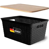 Novaliv opbergdoos met houten deksel, grote mand 14L, zwart in rotandesign, voedselveilige opbergmand, stapelbare doos, nestbare kunststof, BPA-vrije doos, stofbox met deksel
