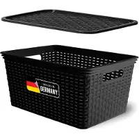 Novaliv opbergbox met deksel, grote mand 14L, zwart in rotan design, voedselveilige opbergmand, stapelbare box, nestbare kunststof, BPA-vrije box, stofbox met deksel