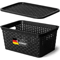 Novaliv opbergbox met deksel, kleine mand van 5 liter, zwart in rotandesign, voedselveilige opbergmand, stapelbare box, nestbare kunststof, BPA-vrije box, stofbox met deksel