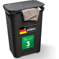 Novaliv 3-delige rotan wasmand met deksel 60L zwart, wasboxset wasemmer wascontainer modern voor badkamer was vuile was, wasmanden vuile wascontainer verzamelmand