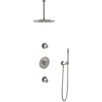 Hotbath Cobber IBS20 inbouw regendoucheset met staafhanddouche aan houder en 30cm ronde hoofddouche aan 30cm plafondarm geborsteld nikkel