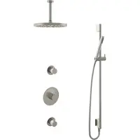 Hotbath Cobber IBS20 inbouw regendoucheset met staafhanddouche aan glijstang en 30cm ronde hoofddouche aan 15cm plafondarm geborsteld nikkel
