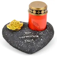 Novaliv Grafdecoratie hart zwart met roos met de tekst we missen je inclusief LED graflicht rode grafdecoratie grafhart weerbestendige grafdecoratie gedenksteen theelichthouder rouwsteen
