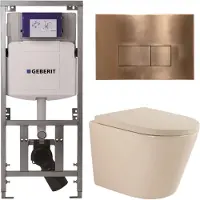 Geberit QeramiQ Dely Toiletset - 36.3x51.7cm - diepspoel - rimless - UP320 inbouwreservoir - softclose toilet zitting 35 mm - koperen bedieningsplaat - rechthoekige knoppen - mat beige