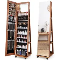 Costway Sieradenkast met wieltjes, spiegelkast, afsluitbaar met ledlampen en verstelbare planken, staande spiegel, sieradenrek, full-body-spiegel, voor kettingen, oorbellen, make-up, bruin