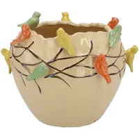 DK Design Bloempot/plantenpot Spring birds - zandkleurig - keramiek - D19 x H15 cm