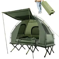 Costway Veldbed met tent voor 2 personen, campingbed met voortent, luchtmatras, slaapzak en 2 kussens, campingligstoel met draagtas op wielen, 194 x 145 x 187 cm