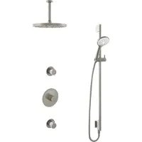 Hotbath Cobber IBS20 inbouw regendoucheset met ronde handdouche aan glijstang en 30cm ronde hoofddouche aan 15cm plafondarm geborsteld nikkel
